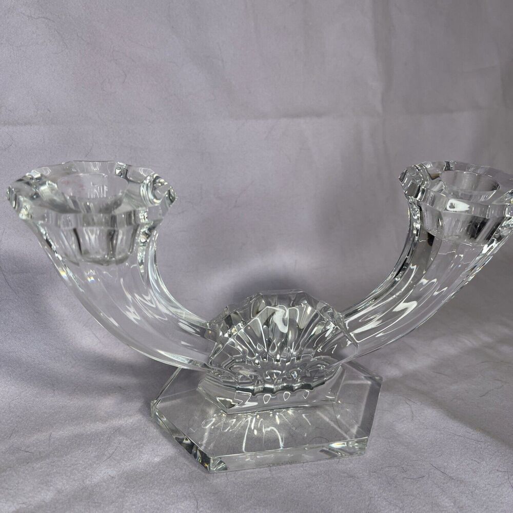 VAL ST LAMBERT double arm Crystal Candlestick Candelabra, Art Deco, signed